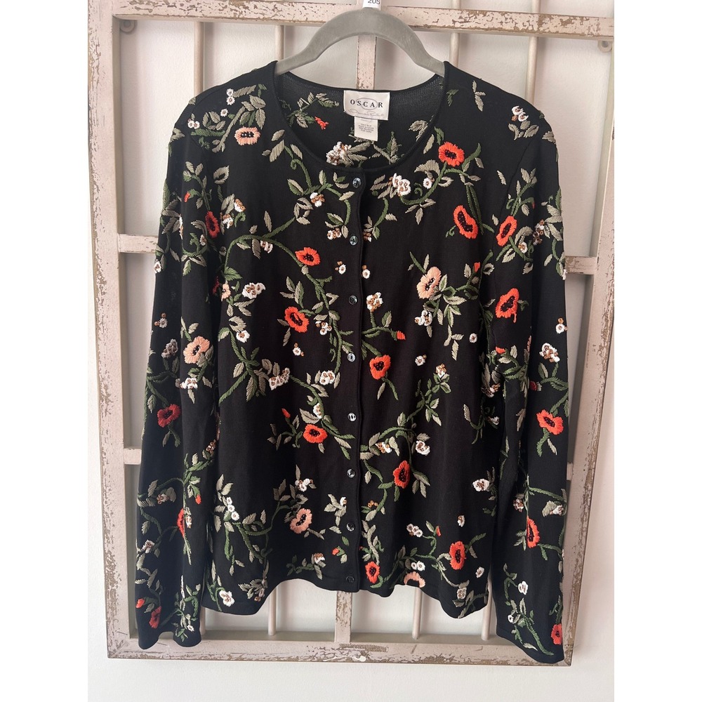 Oscar de la Renta Vintage Black Silk Embroidered Floral Cardigan Beaded Sweater